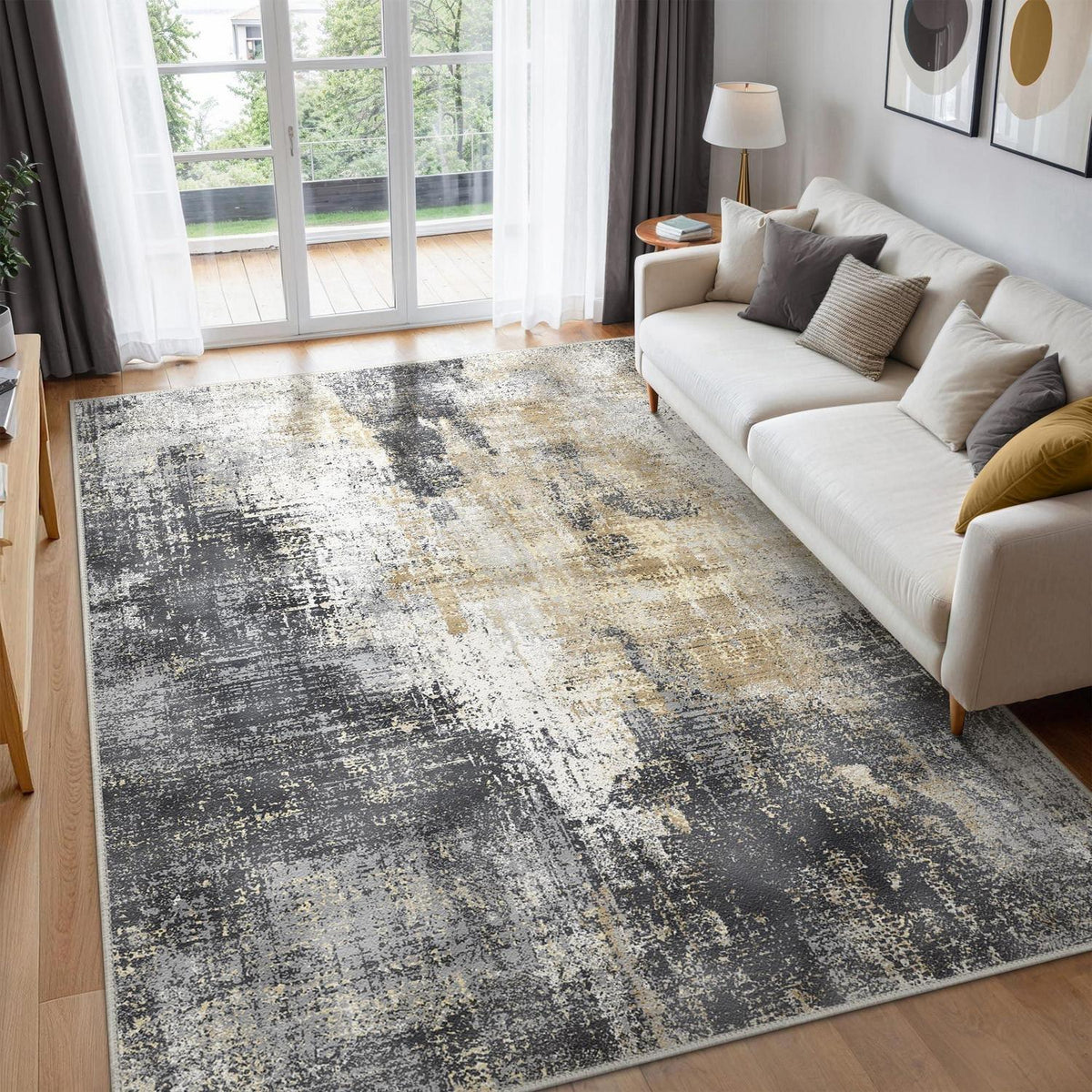 Moderner Wohnzimmerteppich Schwarz-Grau 200x290 cm, Rutschfest & Waschbar
