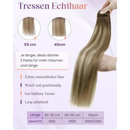 Echthaar Tressen Blayage Braun 55cm – Haarverlängerung Ombre
