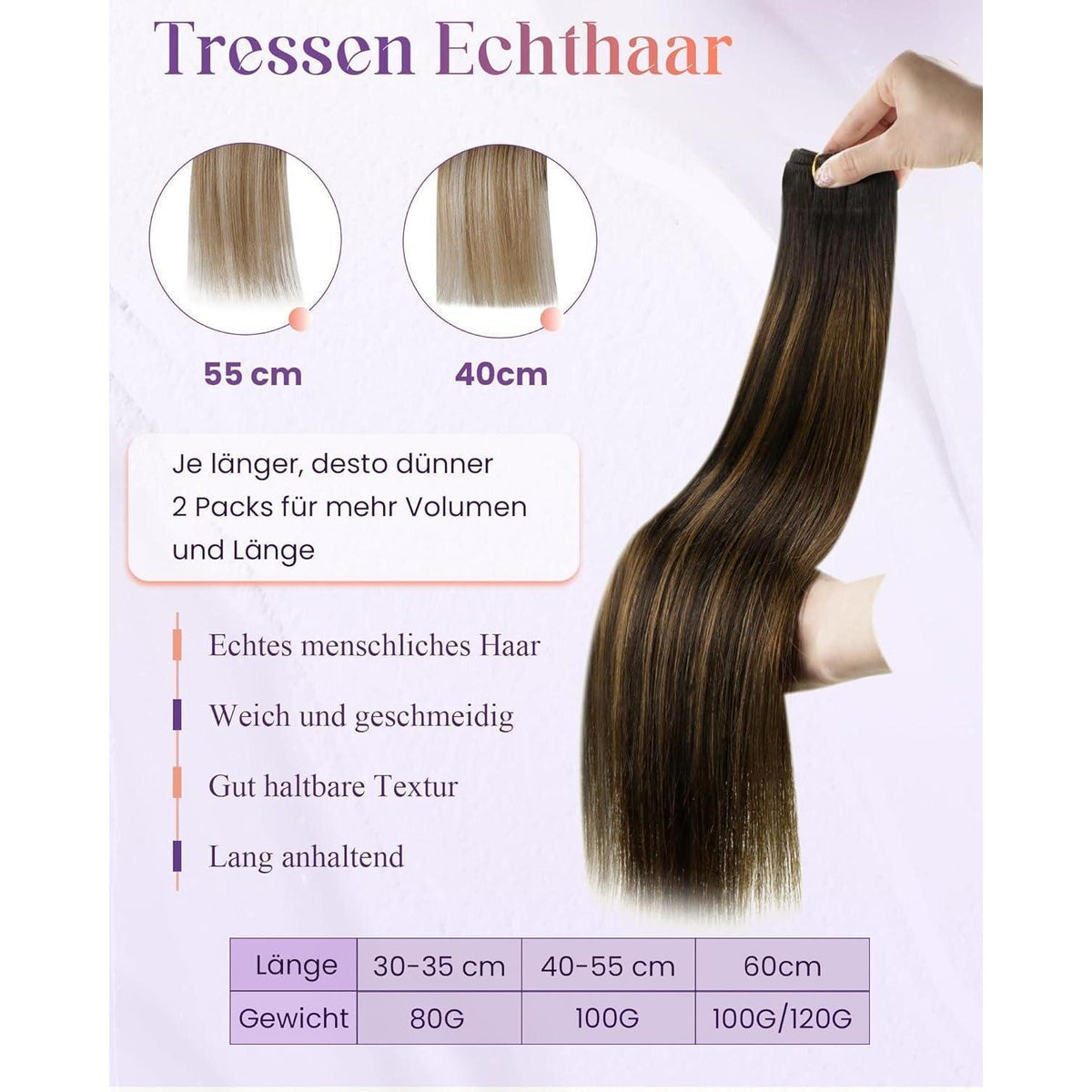 Echthaar Tressen Braun Balayage Ombre 40cm #2/8/2