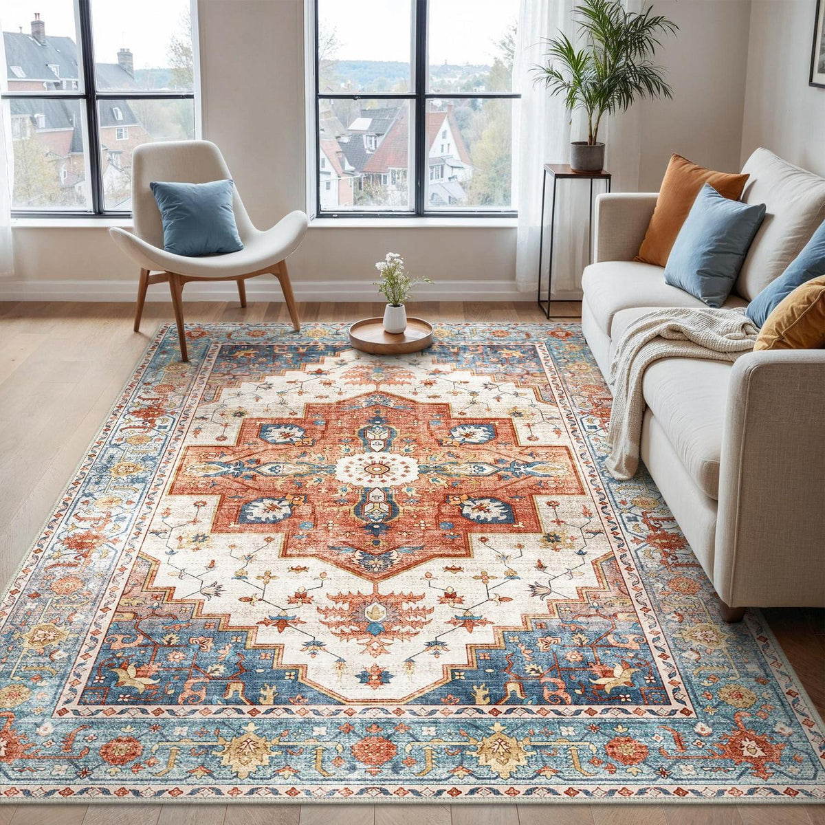 Vintage Teppich Waschbar Blau-Rot 160x230 cm