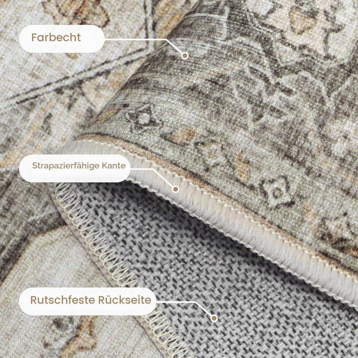 Vintage Teppich Wohnzimmer 200x290cm Taupe – Waschbar & Rutschfest