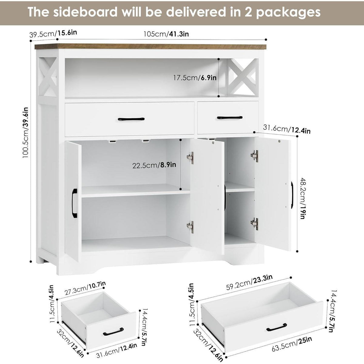 Sideboard mit Arbeitsplatte | Küchenschrank mit 2 Schubladen & 3 Türen