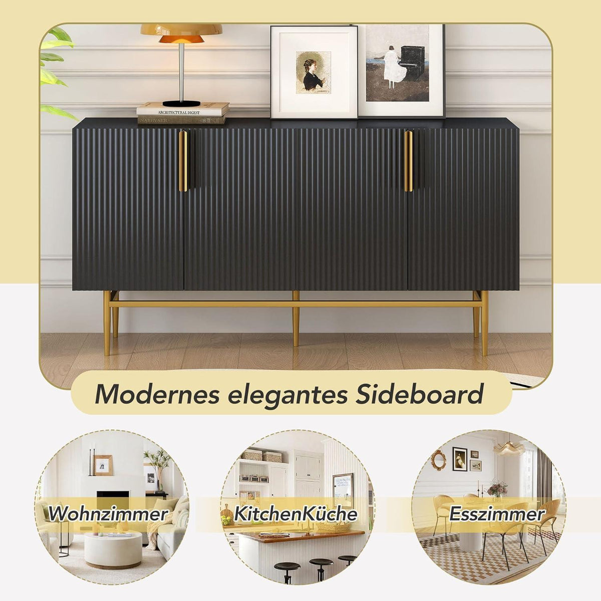 Modernes Sideboard mit 4 Türen & Schubladen – Schwarz