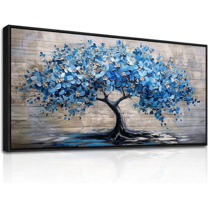 Blühender Baum Leinwandbild mit Rahmen Schwarz 73x146 cm
