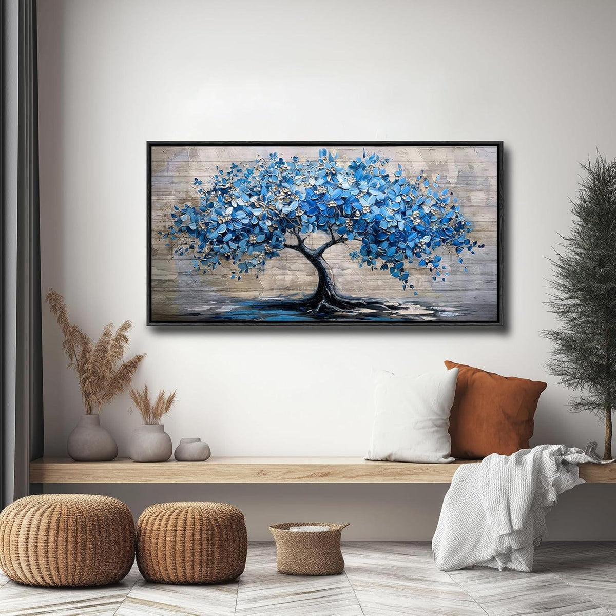 Blühender Baum Leinwandbild mit Rahmen Schwarz 73x146 cm