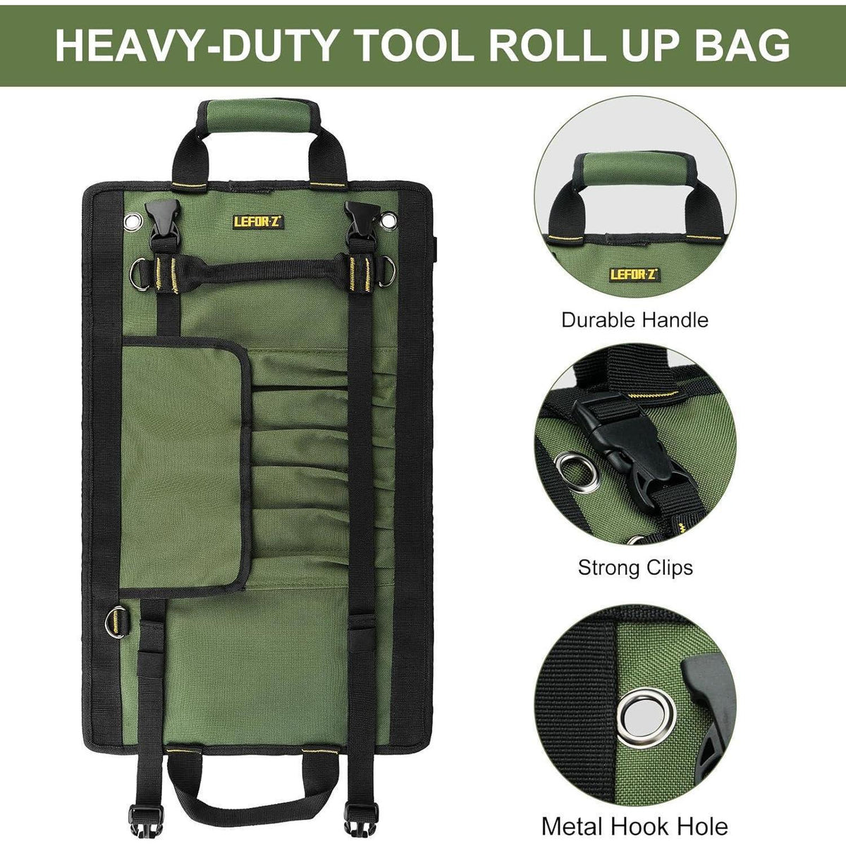 Werkzeug Rolltasche Grün mit 13 Taschen und 2 abnehmbaren Fächern