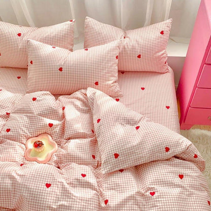 Bettwäsche Set 200x220 Rosa Weiß Kariert Herzen mit 2 Kissenbezügen