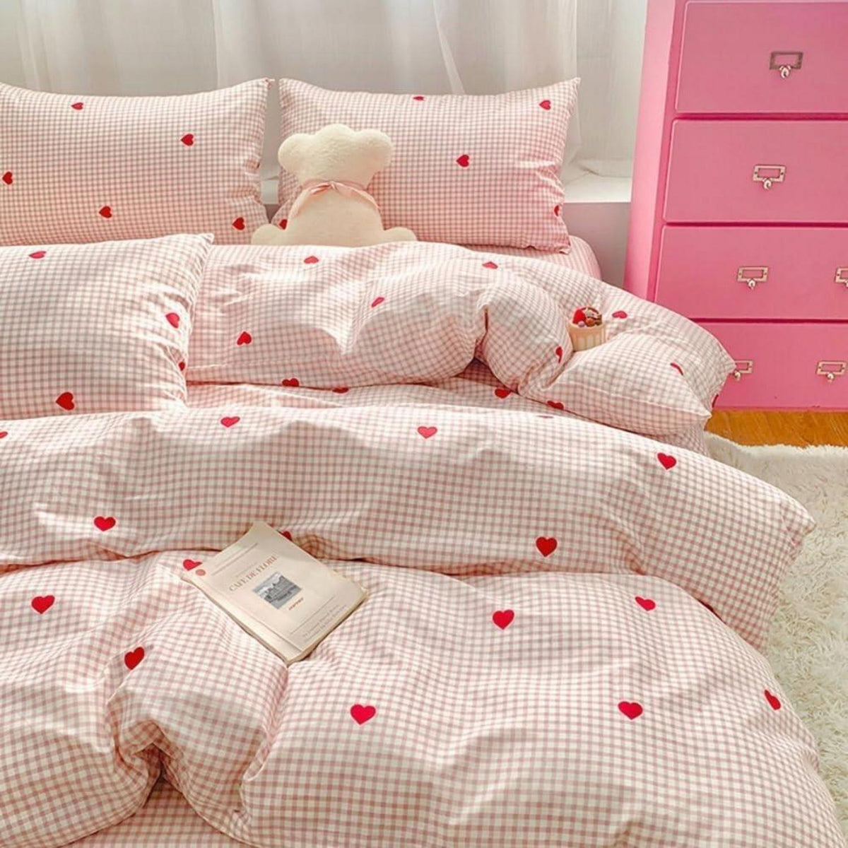 Bettwäsche Set 200x220 Rosa Weiß Kariert Herzen mit 2 Kissenbezügen