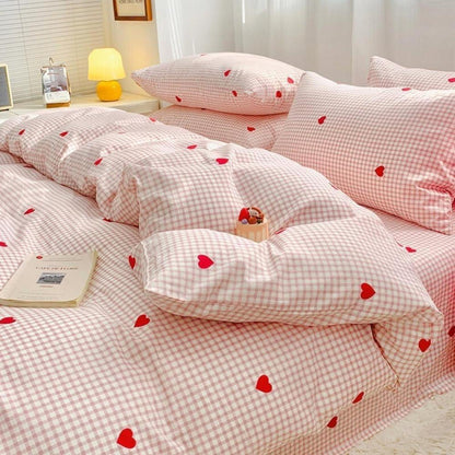 Bettwäsche Set 200x220 Rosa Weiß Kariert Herzen mit 2 Kissenbezügen
