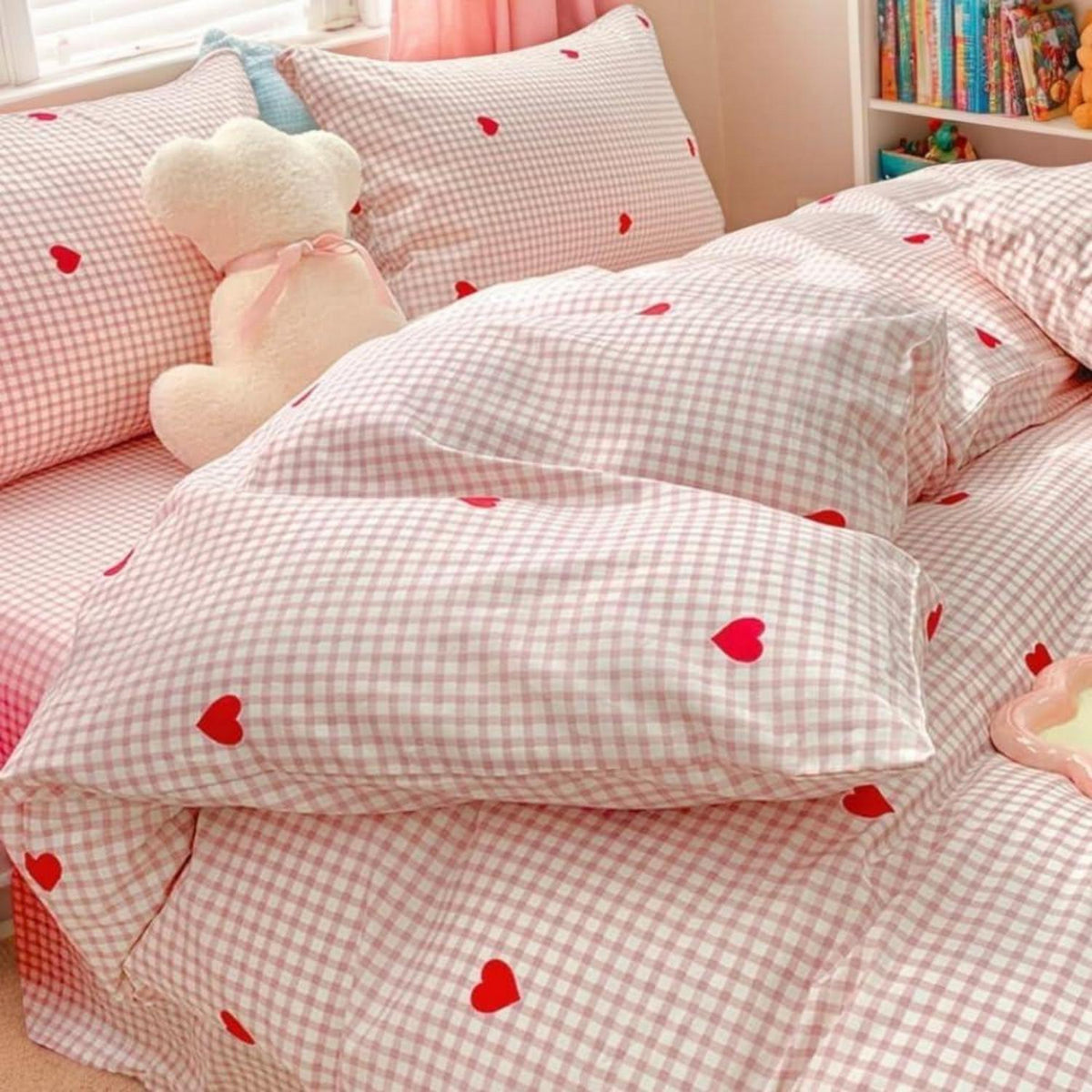 Bettwäsche Set 200x220 Rosa Weiß Kariert Herzen mit 2 Kissenbezügen