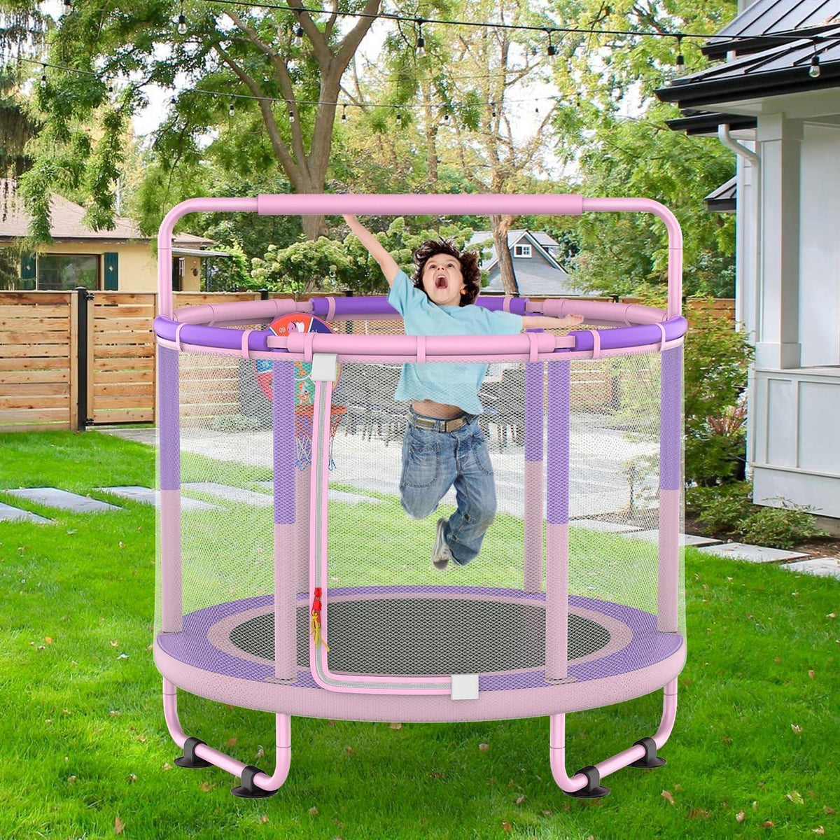 Kindertrampolin mit Basketball & Zubehör – Rosa-Violett