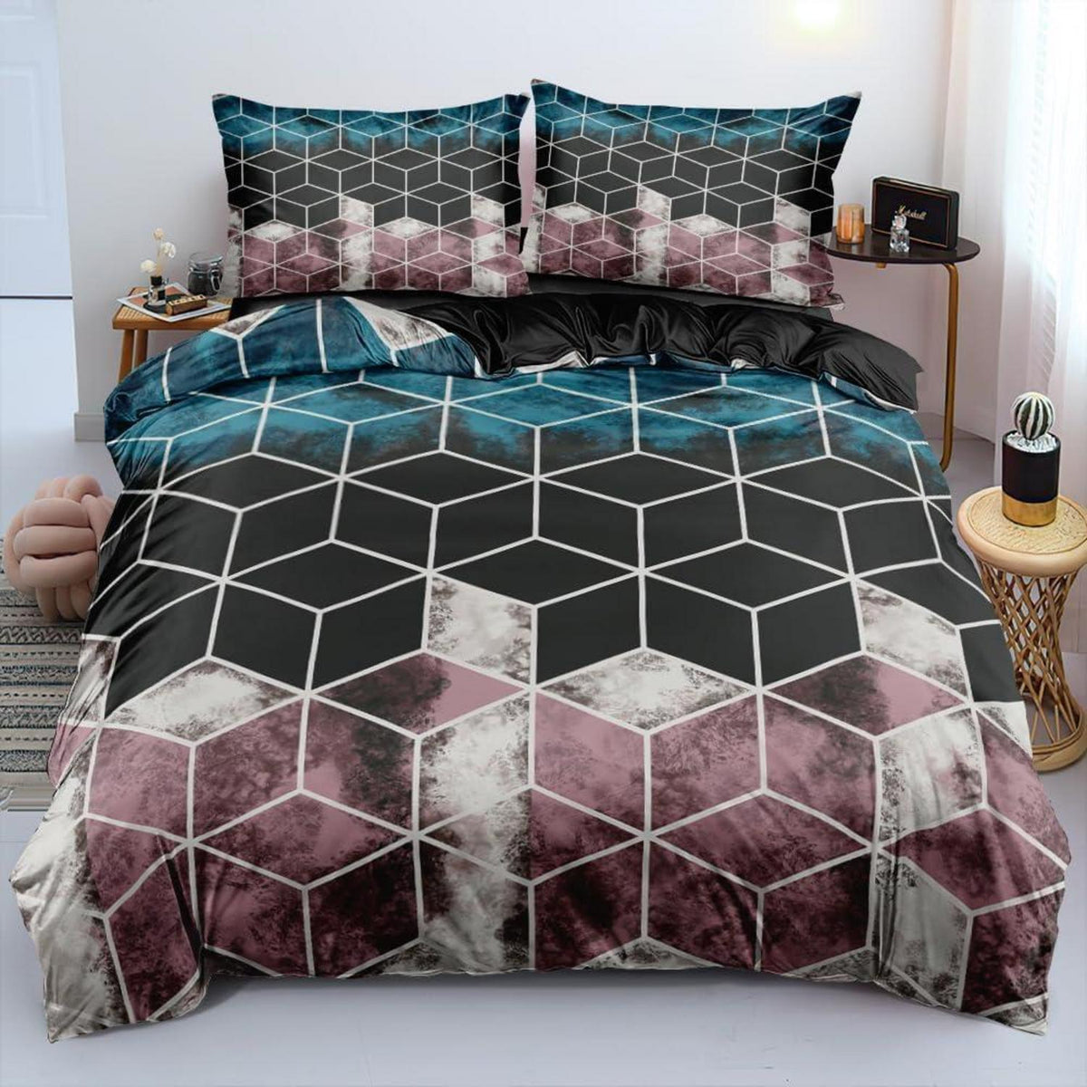 3D Bettwäsche Set 135x200cm – Schwarz Blau Geometrie