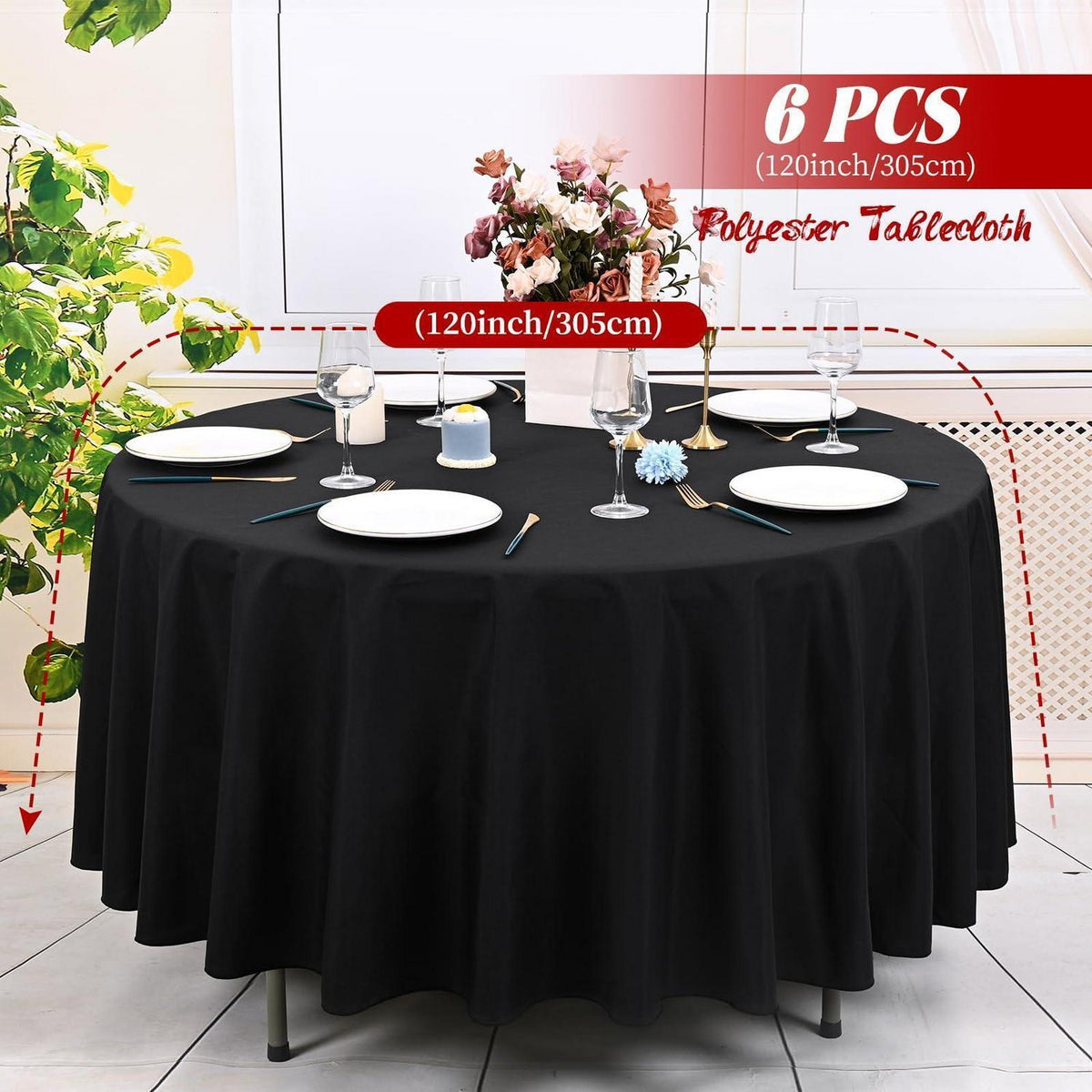 6x Tischdecke Schwarz 305cm – Rund, Wasserabweisend & Pflegeleicht