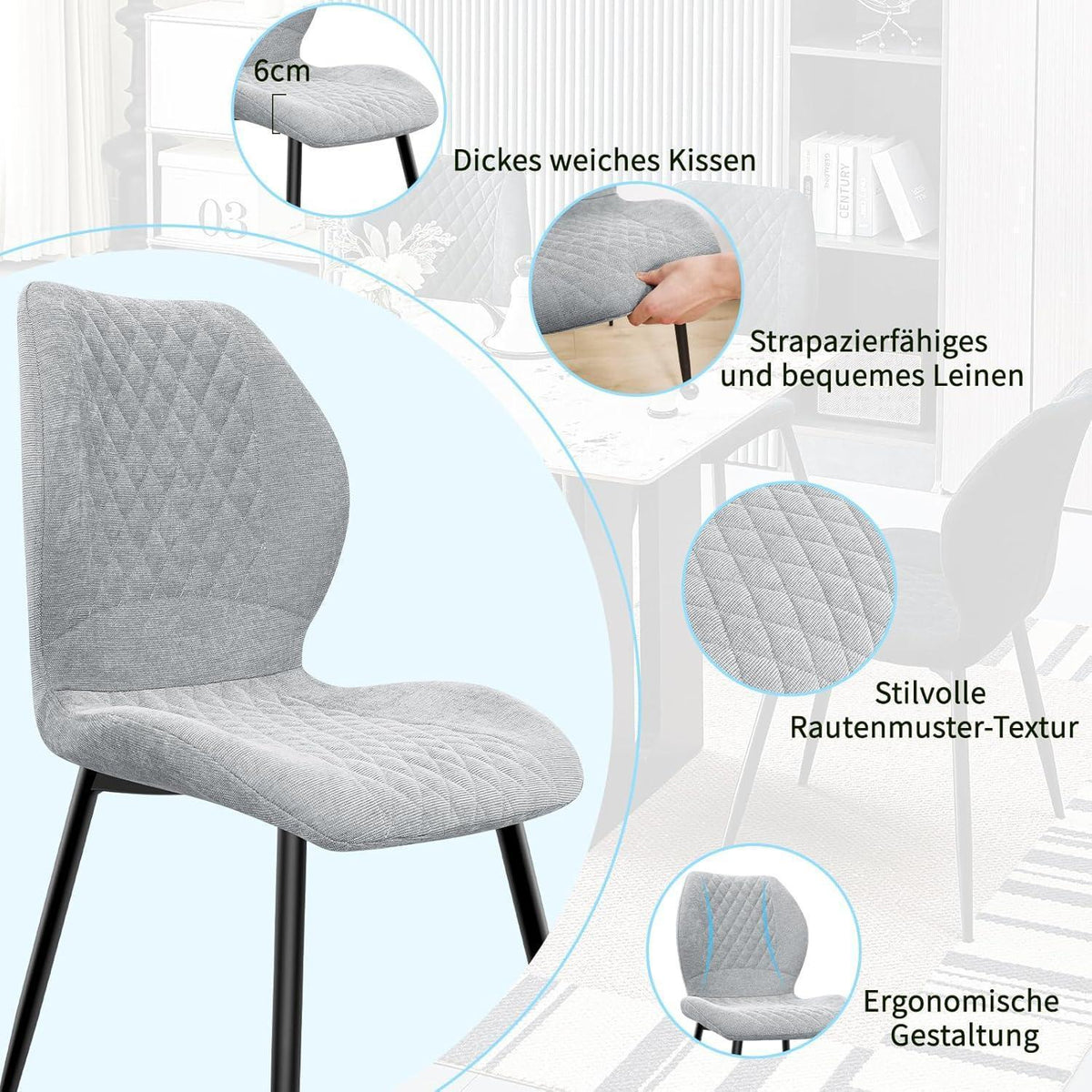 Gepolsterte Esszimmerstühle 2er Set Grau – Modern & Ergonomisch