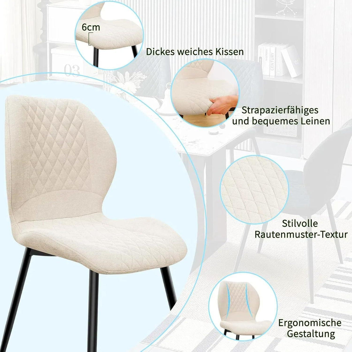 Gepolsterte Esszimmerstühle 2er Set – Beige Leinen & Metall