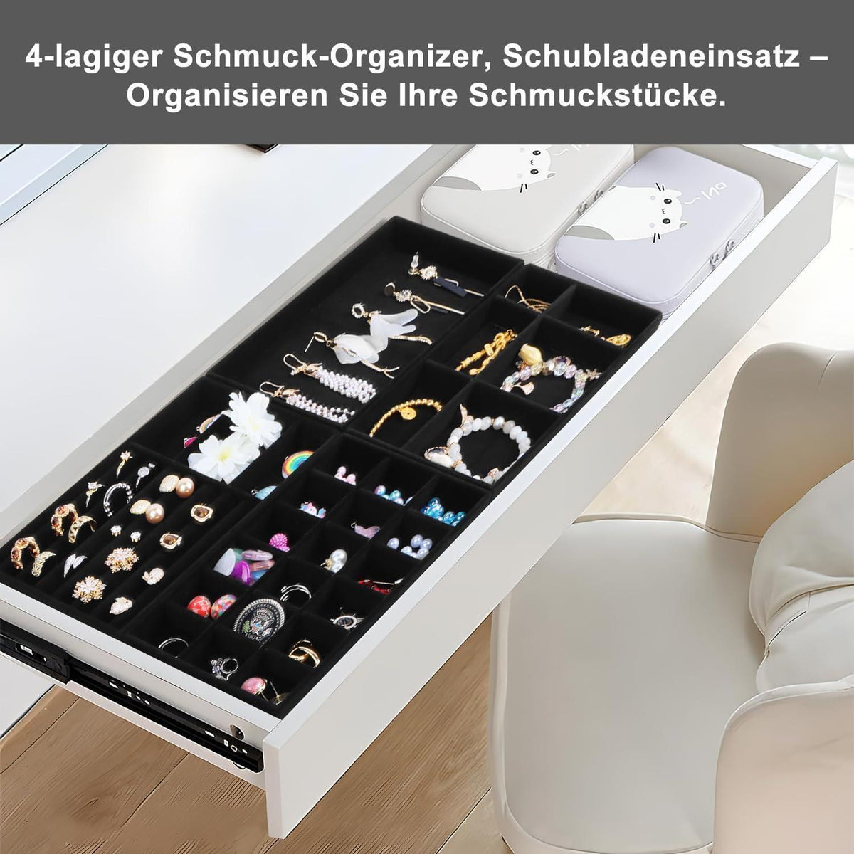 Schmuckaufbewahrung Schubladeneinsatz 4er Set Schwarz