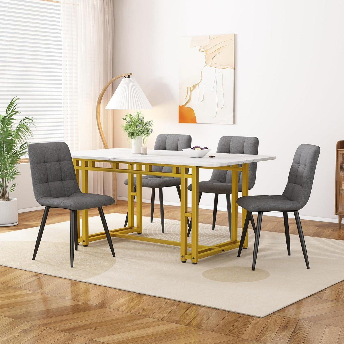 Esstisch Set Grau + Gold mit 4 Stühlen – Modernes Esszimmer