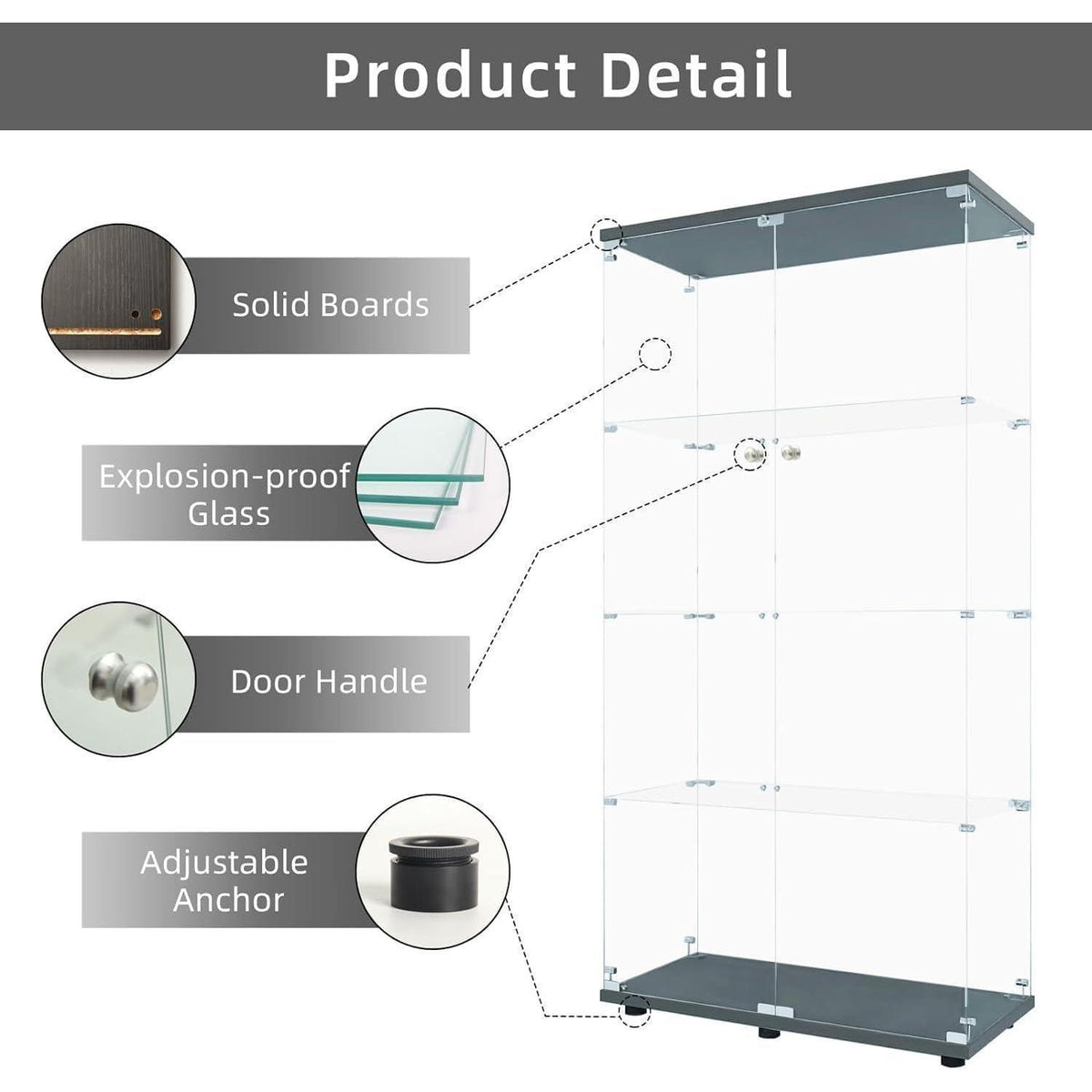 Glasvitrine mit 2 Türen & 4 Einlegeböden – 164 cm hoch