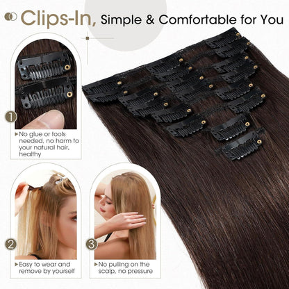 Echthaar Clip-Ins Dunkelbraun (8-teilig) - 20cm