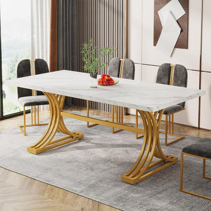Moderner Esstisch 160x80 cm – Weiß & Gold, Kunstmarmorplatte