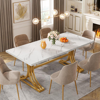 Moderner Esstisch 160x80 cm – Weiß & Gold, Kunstmarmorplatte