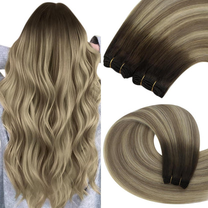 Echthaar Tressen Balayage Braun Blond 60cm Weft Extensions