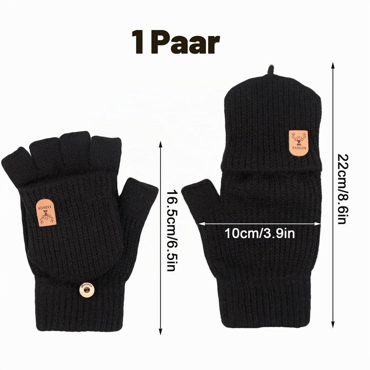Fingerlose Handschuhe mit Kappe Damen Herren Schwarz
