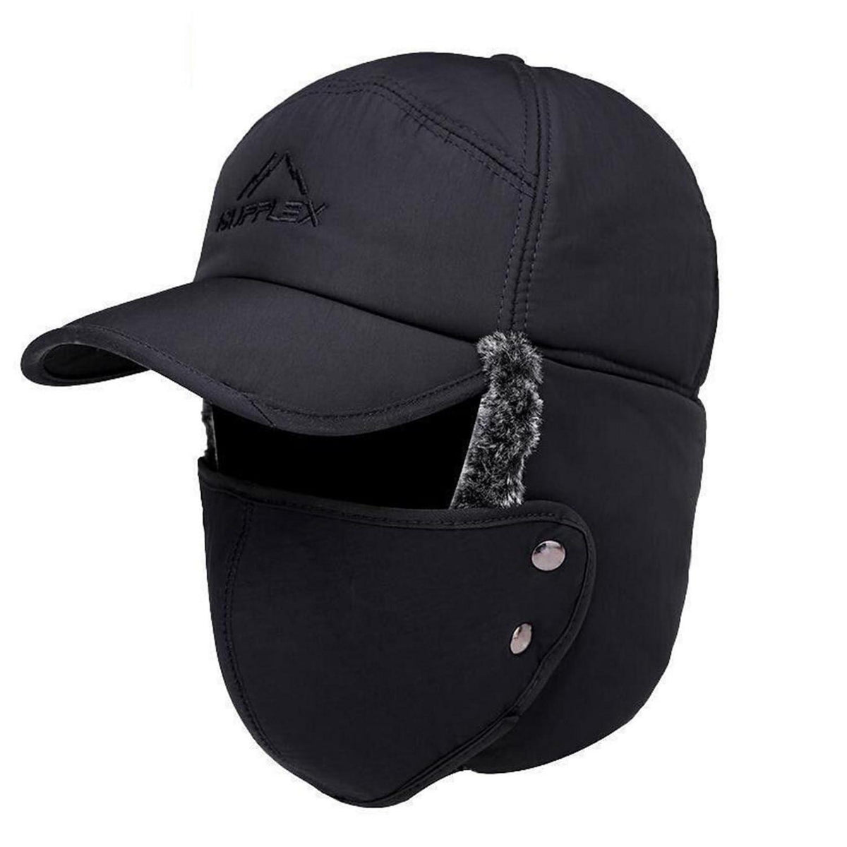 Wintermütze Herren mit Ohrenklappen & Mundschutz – Trapper Mütze Schwarz