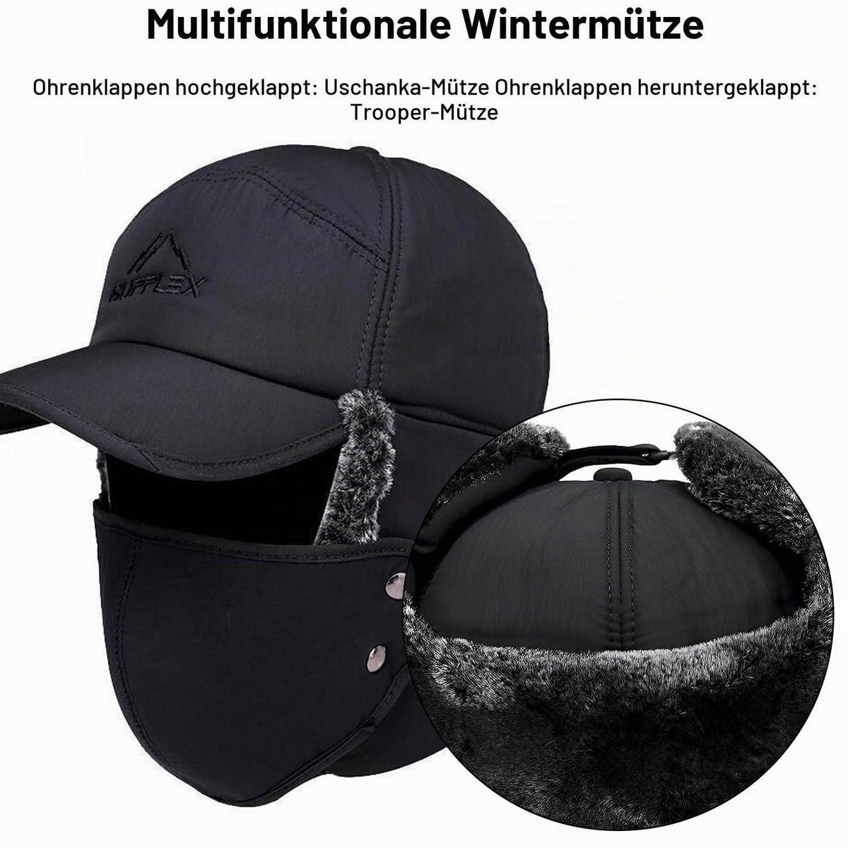 Wintermütze Herren mit Ohrenklappen & Mundschutz – Trapper Mütze Schwarz