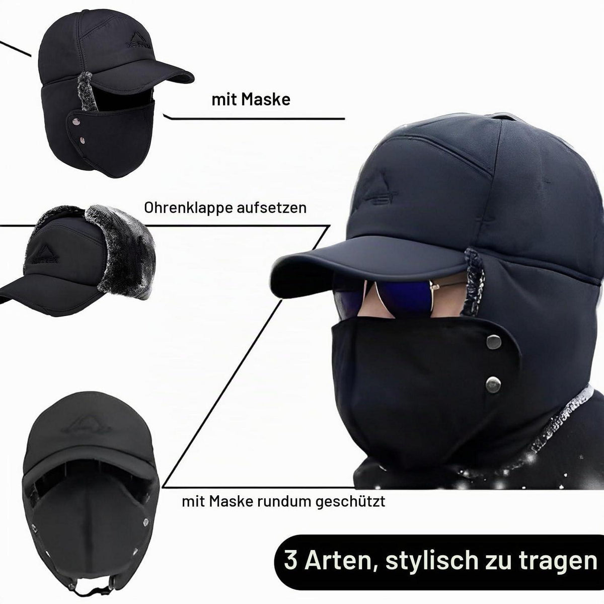 Wintermütze Herren mit Ohrenklappen & Mundschutz – Trapper Mütze Schwarz