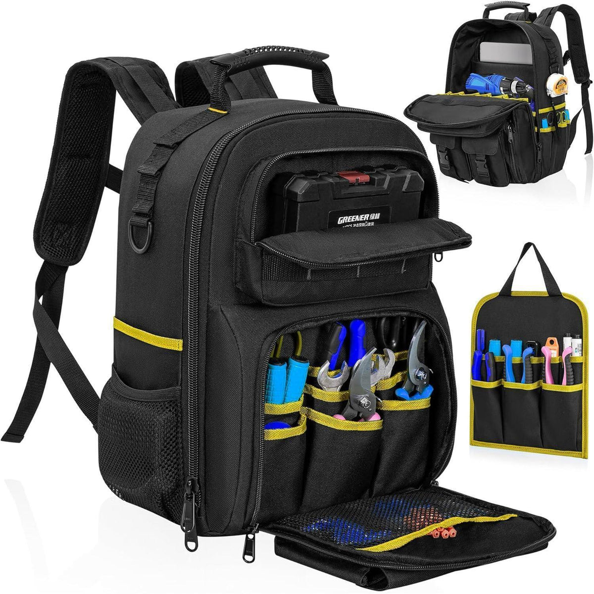 Werkzeugrucksack mit Organizer, wasserdicht, gepolstert, Schwarz Gelb