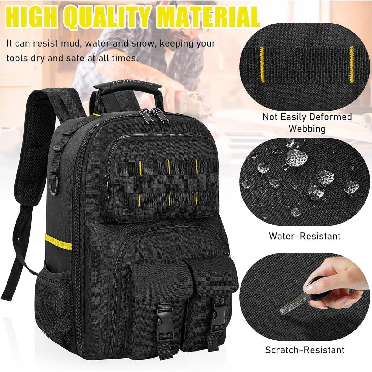 Werkzeugrucksack mit Organizer, wasserdicht, gepolstert, Schwarz Gelb