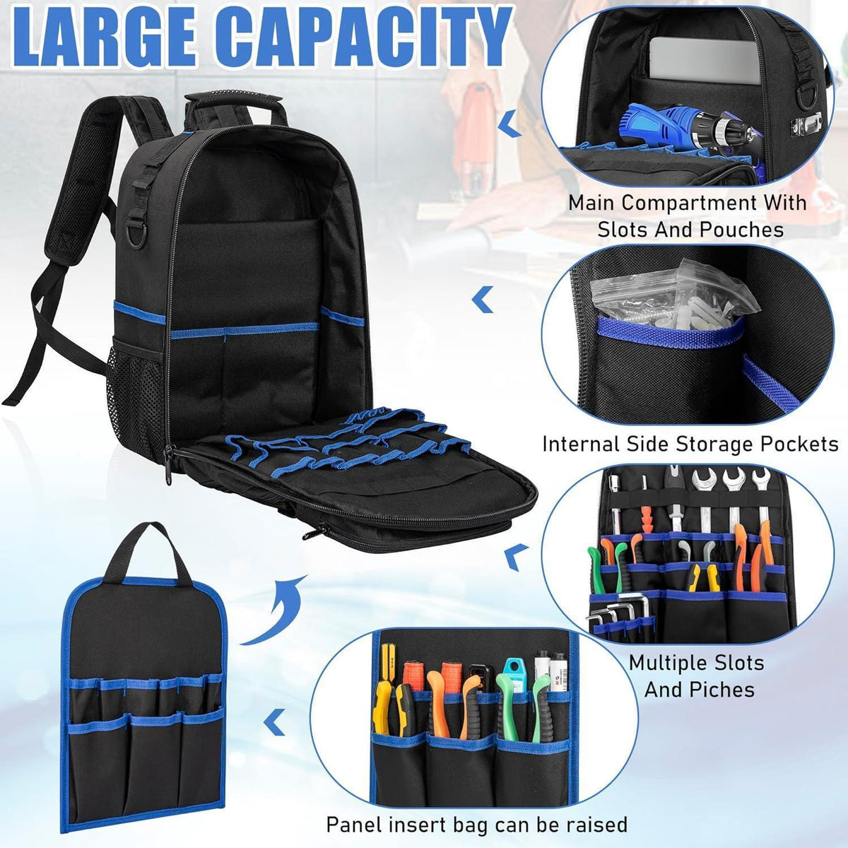 Werkzeugrucksack mit Organizer, wasserdicht, gepolstert, Schwarz/Blau