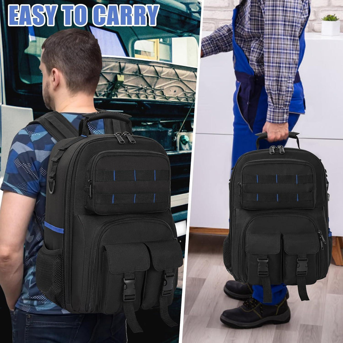 Werkzeugrucksack mit Organizer, wasserdicht, gepolstert, Schwarz/Blau