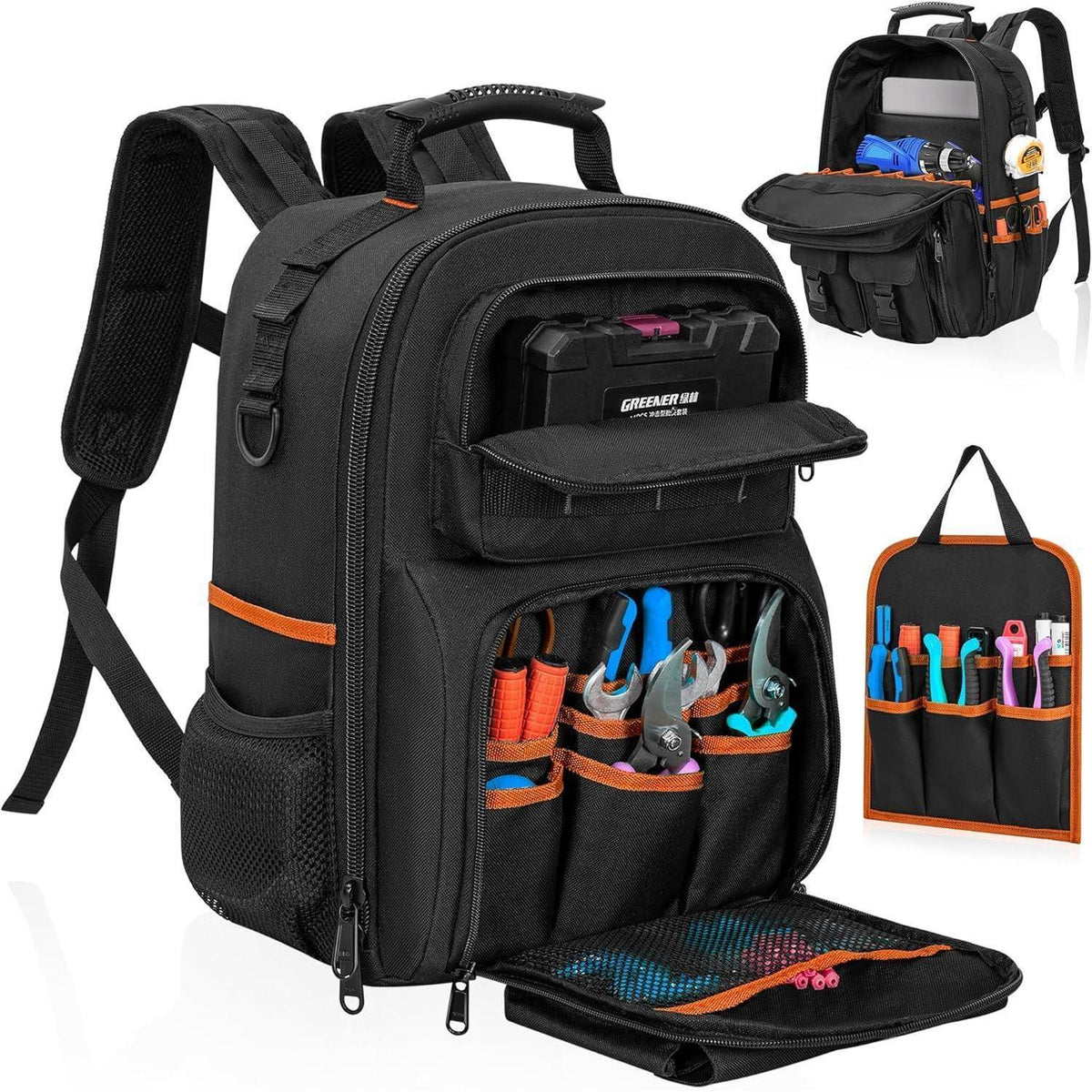 Werkzeugrucksack mit Organizer, wasserdicht, gepolstert, Schwarz Orange