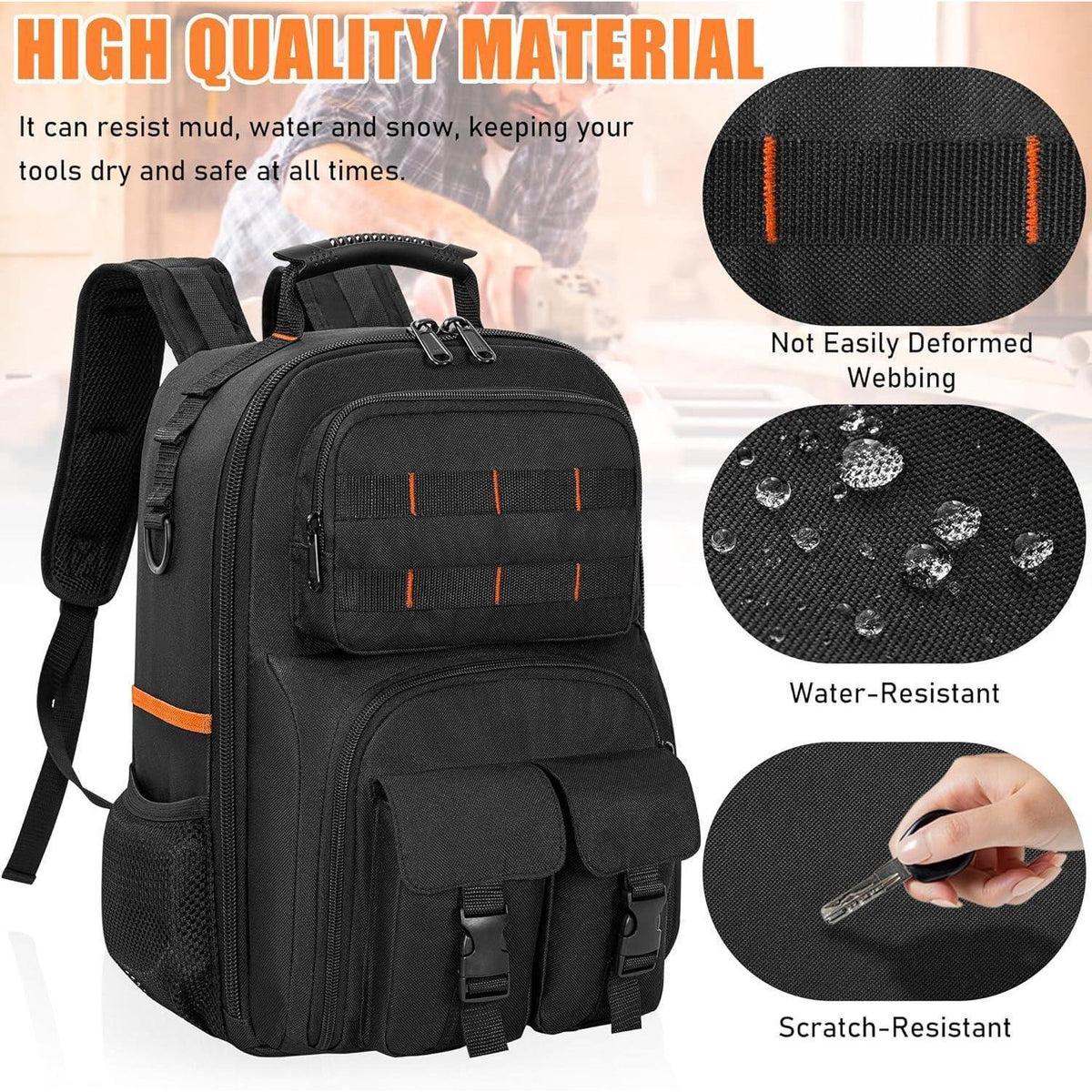 Werkzeugrucksack mit Organizer, wasserdicht, gepolstert, Schwarz Orange