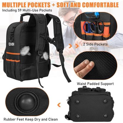 Werkzeugrucksack mit Organizer, wasserdicht, gepolstert, Schwarz Orange