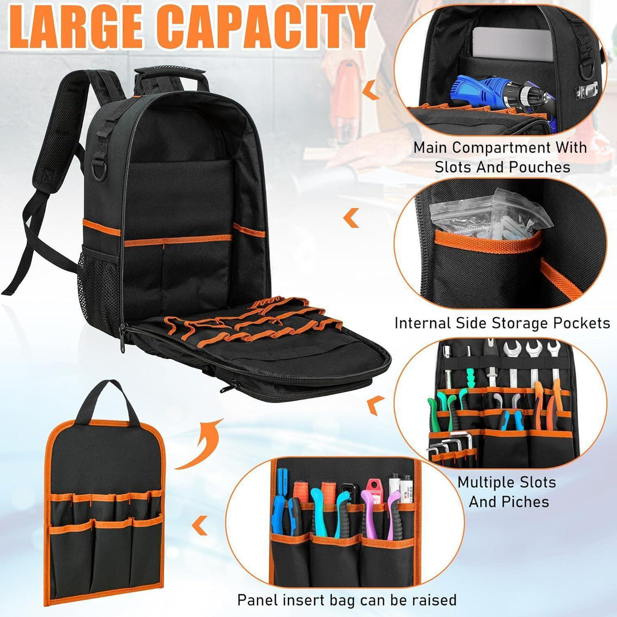 Werkzeugrucksack mit Organizer, wasserdicht, gepolstert, Schwarz Orange