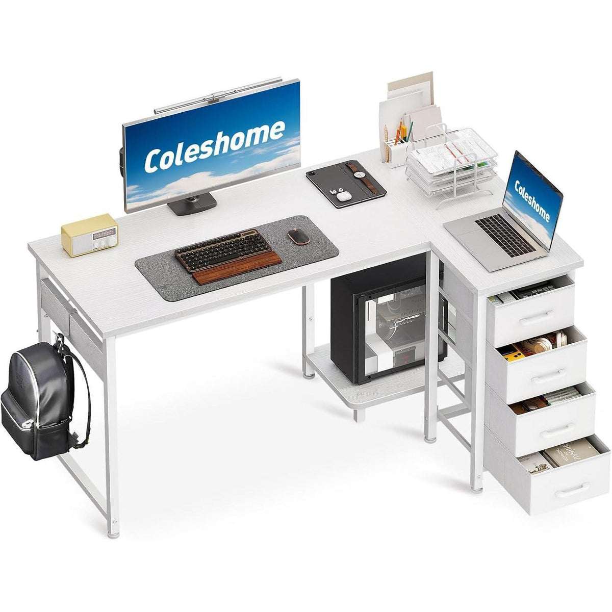 Eckschreibtisch L-Form 120x70cm mit 4 Schubladen, Weiß