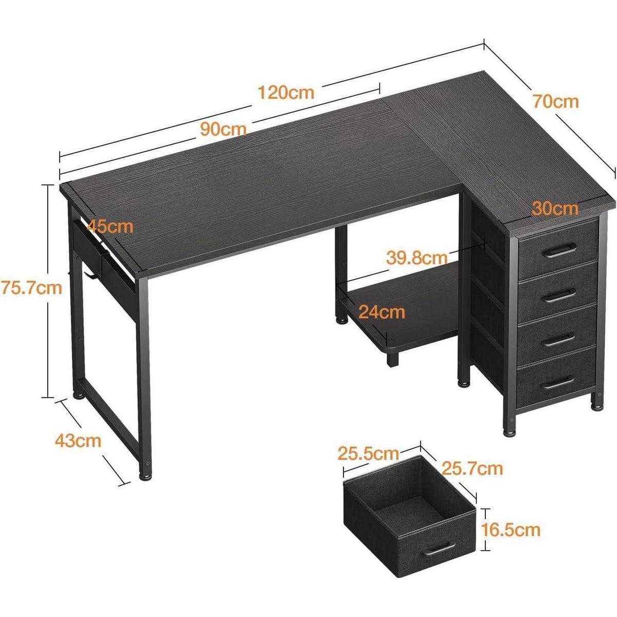 Eckschreibtisch L-Form mit 4 Schubladen, 120x70cm, Schwarz