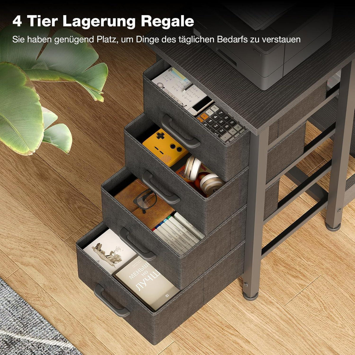 Eckschreibtisch L-Form mit 4 Schubladen, 120x70cm, Schwarz