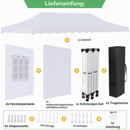 3x6m Pavillon Wasserdicht, Stabil & Mit Seitenteilen Weiß