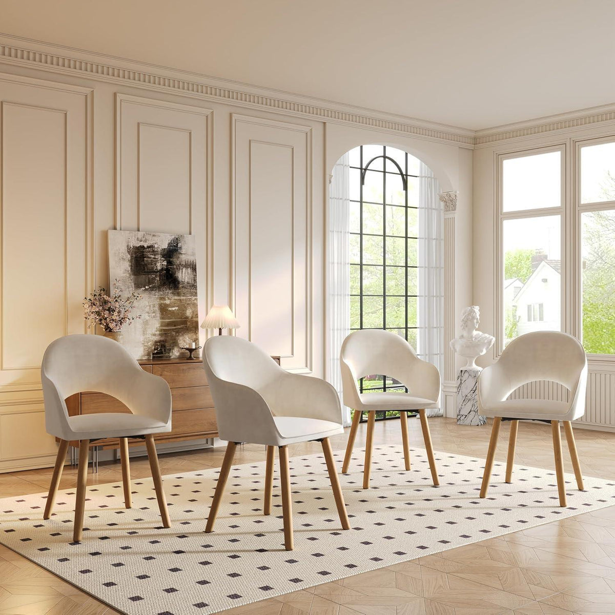 Esszimmerstühle 6er Set Beige mit Samt & Holzbeinen