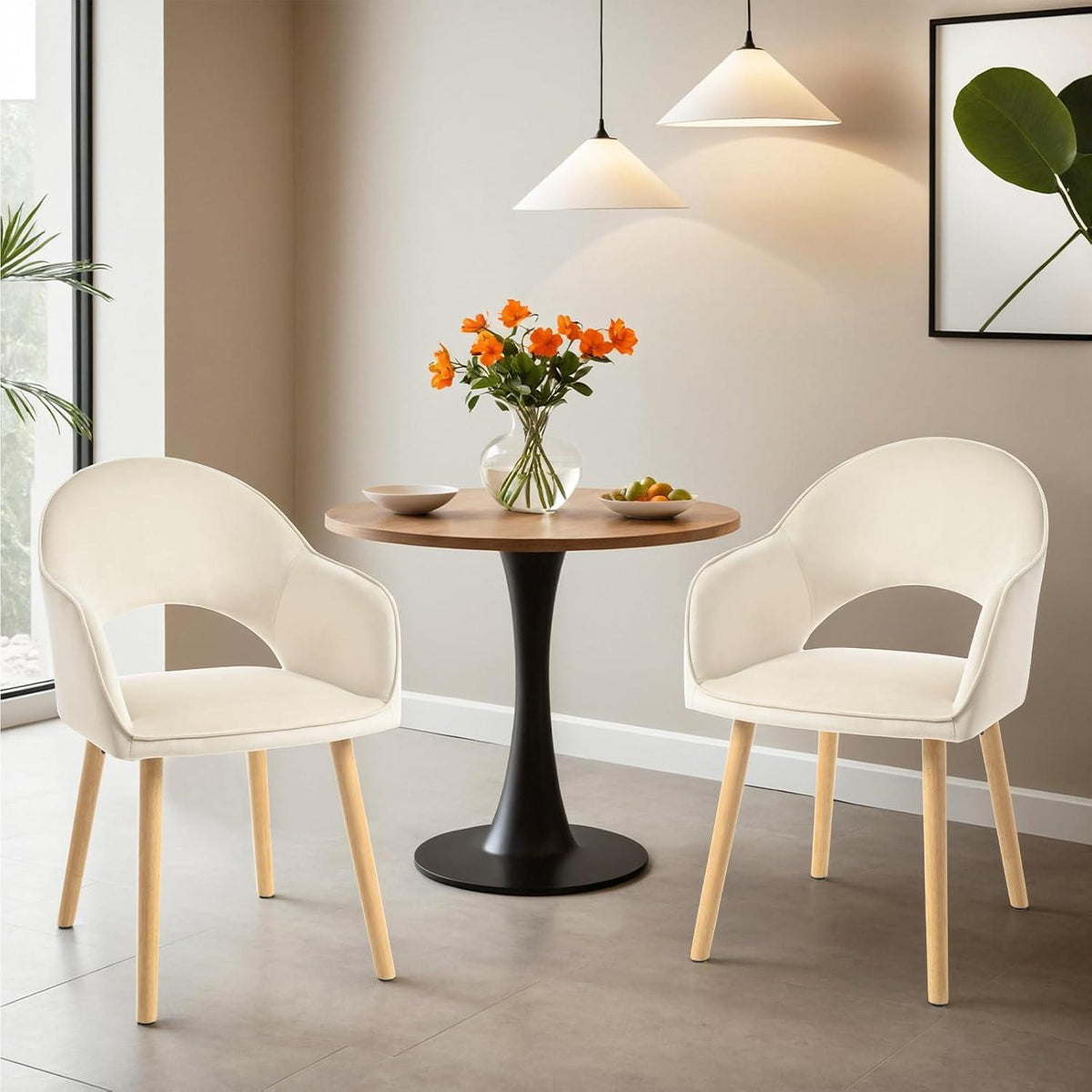 Esszimmerstühle 6er Set Beige mit Samt & Holzbeinen