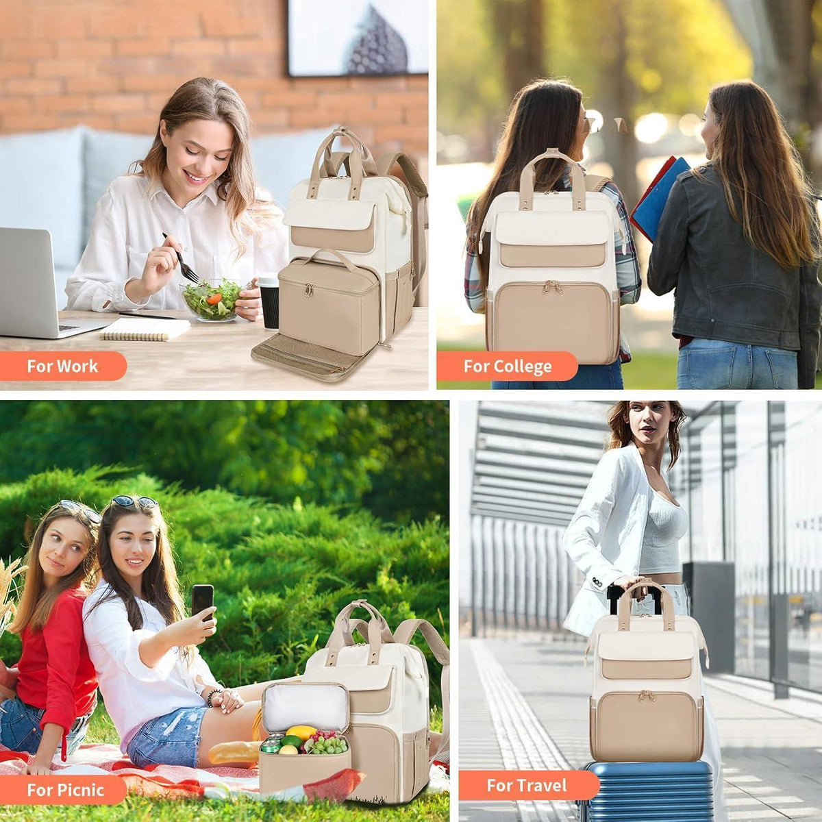 Lunch-Rucksack für Damen – Khaki Beige – Multifunktional & 15,6" Laptopfach