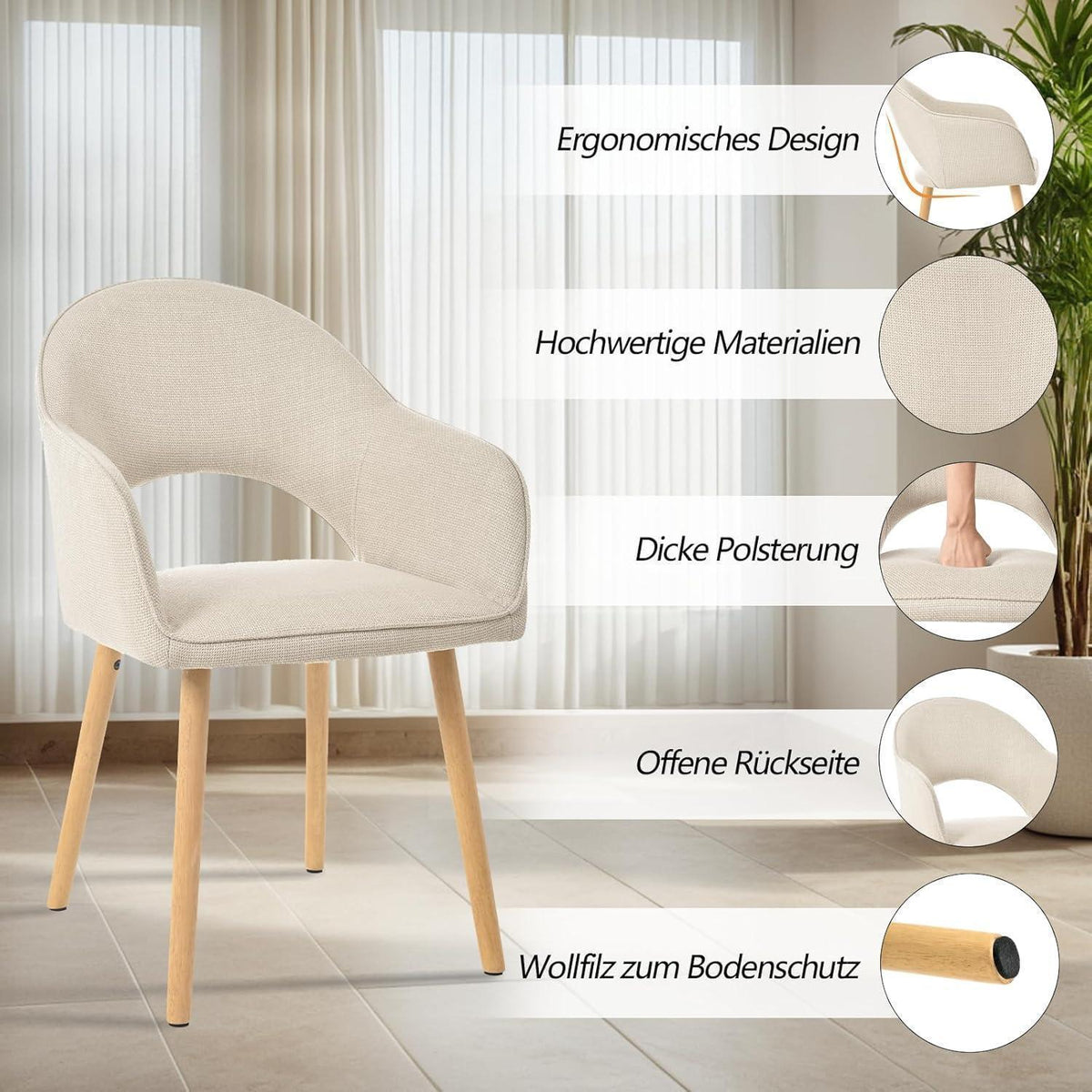 Esszimmerstühle Set Beige Samt mit Armlehnen & Holzbeinen