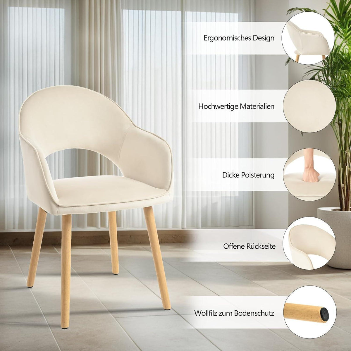 Esszimmerstühle Beige 2er Set mit Samt & Holzbeinen