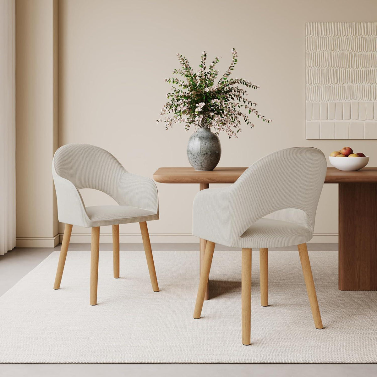 Esszimmerstuhl Cord Beige Holzbeine – 2er Set mit Armlehne