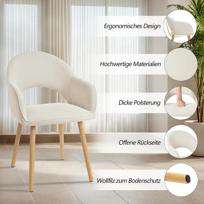 Esszimmerstuhl Cord Beige Holzbeine – 2er Set mit Armlehne