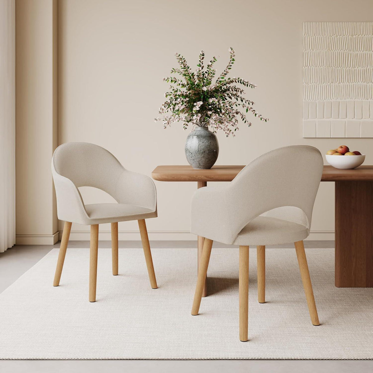 Esszimmerstühle Set Beige Holzbeine mit Armlehne – 4er Set